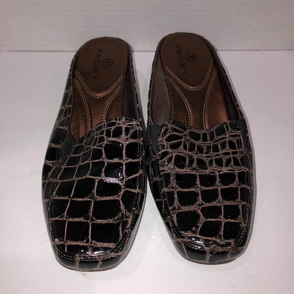 Proxy Womens Size 7.5 M Black Animal Croc Print Slip On Mules Slides Shoes Wedge